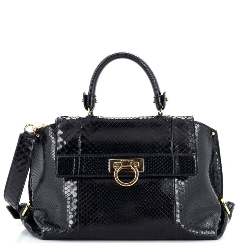 Salvatore Ferragamo Black Python Top-Handle Satchel with Gold Hardware